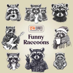 24 Funny Raccoons cliparts - 300 DPI png - cool, badass, sassy, fancy racoon, human attitude coon, pop culture vintage ringtail sublimation
