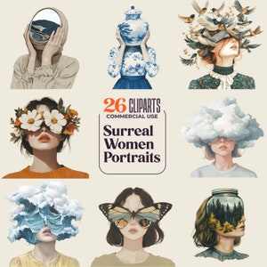 Images surréalistes de 26 portraits de femmes - 300 ppp png - portrait de rêve - tête de femme poétique - collage - journal indésirable - fond transparent