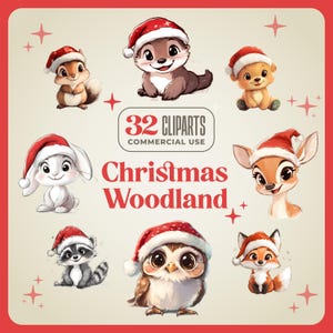 34 cliparts animaux de la forêt de Noël - 300 DPI png - mignons animaux de la forêt de style pixar avec des vêtements de vacances, bonnet de Noel, style disney