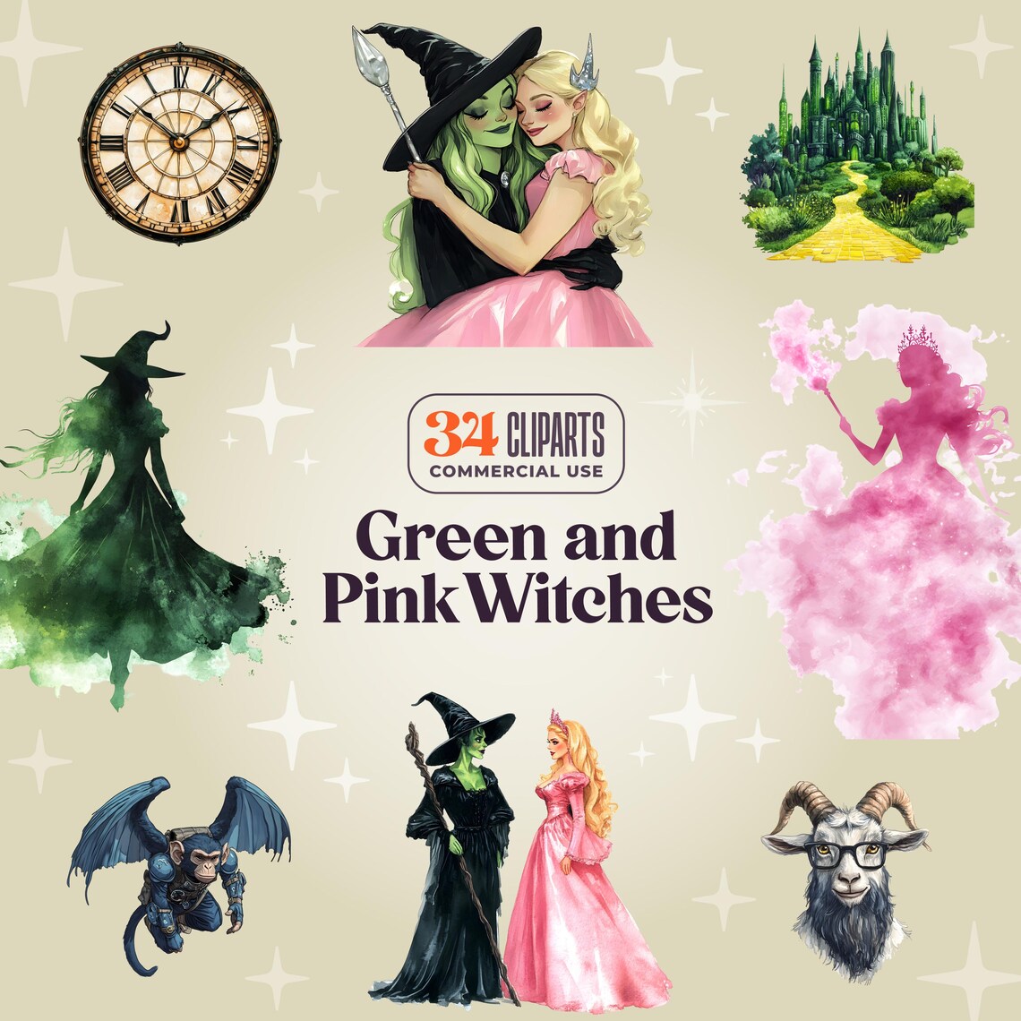 Conjunto de imágenes prediseñadas de brujas – Rosa y verde, inspirado ...
