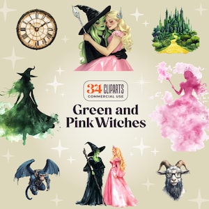 35 groene en roze heksen Cliparts - transparante Png digitale download - Elphaba, Glinda, Wizzard of Oz, Elmerald, broon, toverstaf - film