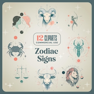 12 Sternzeichen Clipart - 300 DPI Kommerzielle Nutzung - Astrologie Kosmos Stil, Horoskop, himmlisches spirituelles Design png