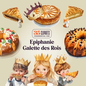 35 Epiphanie galettes des rois clipart-300 DPI-francuskie ciasto frangipane, brioche des rois, fèves, korona, czekolada, jabłko, ciasto, santon