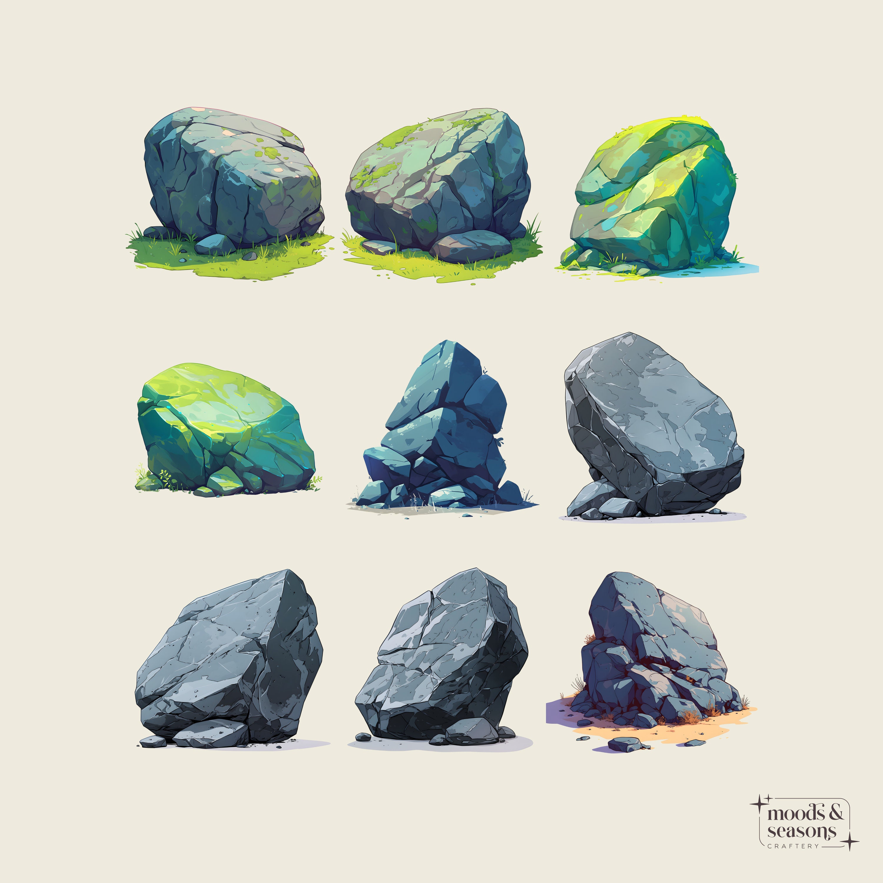 Colorful Cartoon Stone Clipart – 32 PNG Nature Elements (300 DPI ...