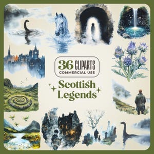 36 Clipart di leggende scozzesi - Sfondo trasparente - Scozia folkloristica, fantasmi, castelli infestati, fate, Kelpies, Loch Ness