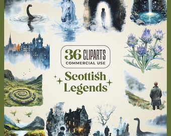 Op de afbeelding: Een set van 36 aquarel illustraties met Schotse legendes en folklore. De illustraties omvatten een Nessie, een wit paard, een kasteel, een spiraalvormige stenen structuur, een spookhuis, een begraafplaats, een waterval en meer. De tekst "36 CLIPSARTS COMMERCIAL USE Scottish Legends" is in de afbeelding opgenomen.