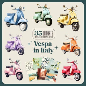 35 Vespa vintage en Italia - 300 DPI png - Scooter en paisaje italiano, azul, verde, amarillo, naranja, rojo, rosa, morado, patrón sin costuras...