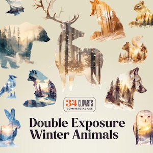 34 dubbele belichting winter bosdieren cliparts - 300 DPI png - besneeuwd winterboslandschap, bergen, pijnbomen, dieren in het wild, kunst