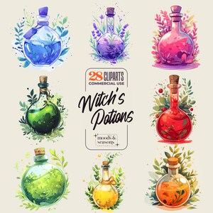 May include: Set of nine colourful glass potion bottles with cork stoppers, surrounded by green and purple leaves. The bottles are filled with different coloured liquids. The text "Witch's Potions" is written in a whimsical font.