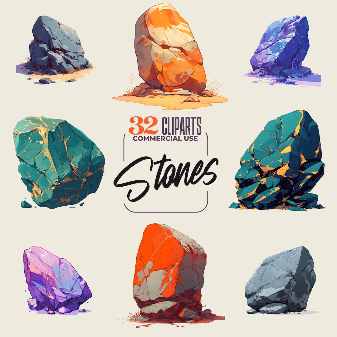 Colorful Cartoon Stone Clipart – 32 PNG Nature Elements (300 DPI ...