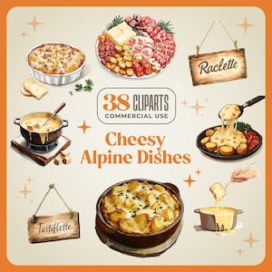 38 Alpen Teller, Fondue, Raclette, Tartiflette Cliparts - 300 DPI - französiche Schweizer Küche, savoyardische Gerichte, winterliche Gemütlichkeit