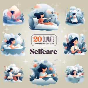 20 cliparts soins personnels - 300 ppp png - ambiance de rêve - femme en méditation marchant, écrivant, piano, guitare, lecture, nageant autocollant bleu rose