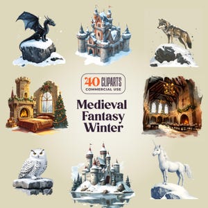40 middeleeuwse fantasie winter Cliparts - 300 DPI png - kasteel onder de sneeuw, bos, koninkrijk, draken, uil, eenhoorn, wolf, meer, heroïsche dnd
