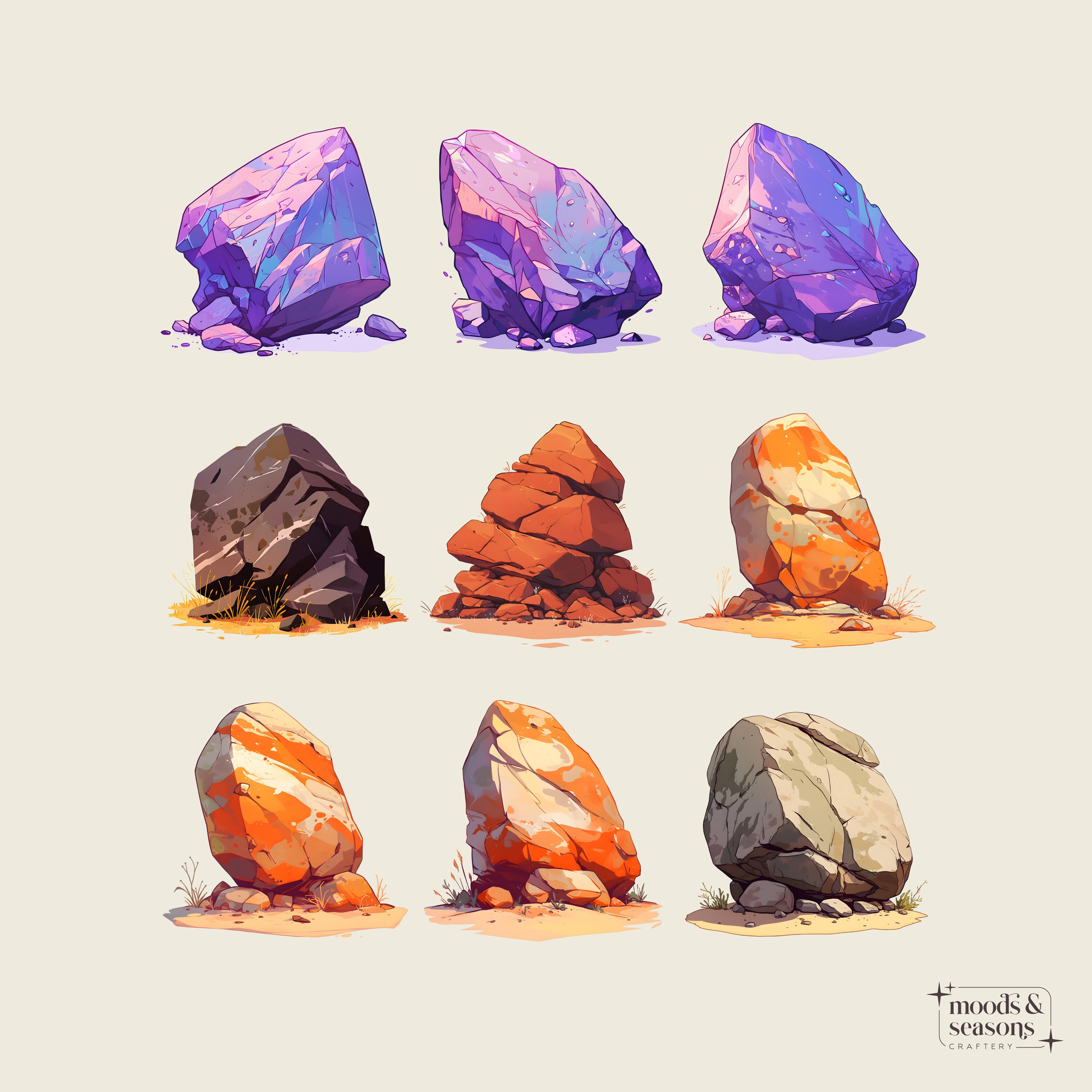 Colorful Cartoon Stone Clipart – 32 PNG Nature Elements (300 DPI ...