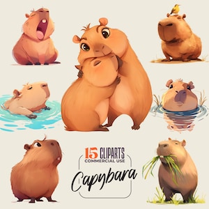 15 Capybara Cliparts - 300 DPI png - Cute animals - Funny animal / sublimation clipart - transparent Background - Cartoon Style