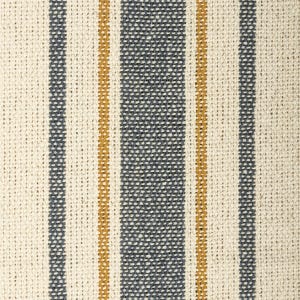 May include: A close-up of a striped fabric with alternating bands of white, blue, and yellow. The fabric has a woven texture.