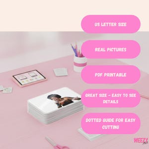 May include: A stack of white rectangular cards with a photo of a person singing into a microphone. Pink text bubbles read: US Letter Size, Real Pictures, PDF Printable, Great Size - Easy to See Details, and Dotted Guide for Easy Cutting.