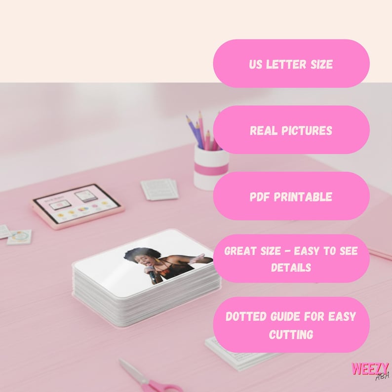 May include: A stack of white rectangular cards with a photo of a person singing into a microphone. Pink text bubbles read: US Letter Size, Real Pictures, PDF Printable, Great Size - Easy to See Details, and Dotted Guide for Easy Cutting.