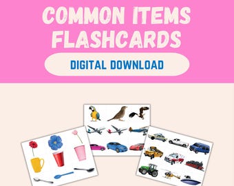 May include: Pink background with the text "COMMON ITEMS FLASHCARDS" and "DIGITAL DOWNLOAD". Three sets of flashcards with images of common items like a parrot, airplanes, cars, flowers, and utensils.