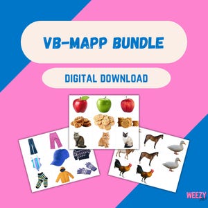 May include: Digital download graphic with the text "VB-MAPP BUNDLE" and "DIGITAL DOWNLOAD". The image shows illustrations of apples, cookies, clothing, cats, horses, roosters, and ducks. The background is pink and blue.
