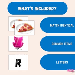 May include: A graphic with the text "WHAT'S INCLUDED?" and three blue ovals with text. The image includes a slice of pizza on a white plate, a pink chair, and the letter "R". The ovals say "MATCH IDENTICAL", "COMMON ITEMS", and "LETTERS".