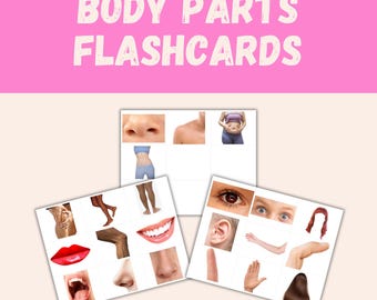 May include: Flashcards with images of body parts, including a nose, eye, ear, mouth, and hand. The text "BODY PARTS FLASHCARDS" is displayed in white letters on a pink background.