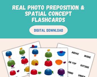 May include: Educational flashcards with colorful bowls and toy animals demonstrating prepositions like "above," "below," and "on top." The cards are labeled with prepositional terms and are a digital download.
