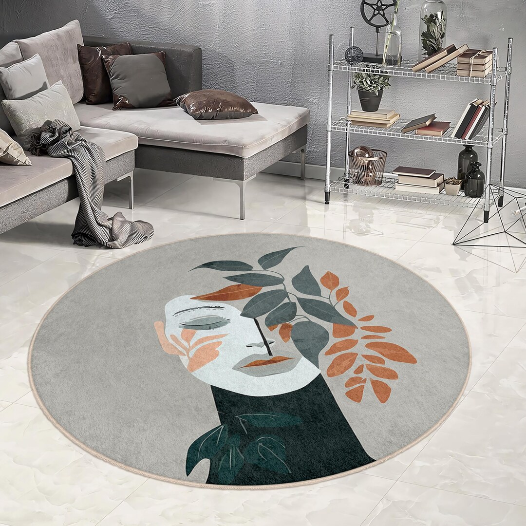 Surreal Woman Face Drawing Abstract Area Rugpastel Leaves Gray Carpet ...