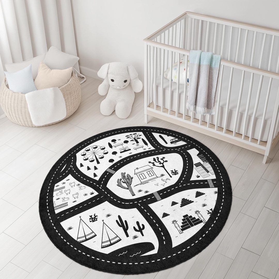 Black and White Road Map Round Rug Monochrome Non Slip Nursery Room ...