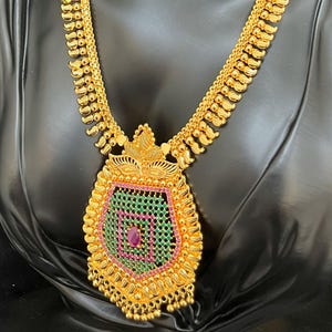 Micro Gold Plated Pink & Green Stone Necklace Set | Pendant with Matching Earrings | American Wedding | Indian Set, Indian Wedding | Jewelry