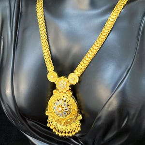 Traditional Gold-Toned Temple Jewelry Set with White Stone| Necklace& Jhumka Earrings | Indian Jewelry | Pakistani Jewelry|Gold Micro Plated