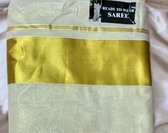 Tissue Ready to Wear Stitched Saree Intricate Gold Zari Border, Onam Stitched Saree, Kerala  saree, Indian saree, wedding saree, Onam saree