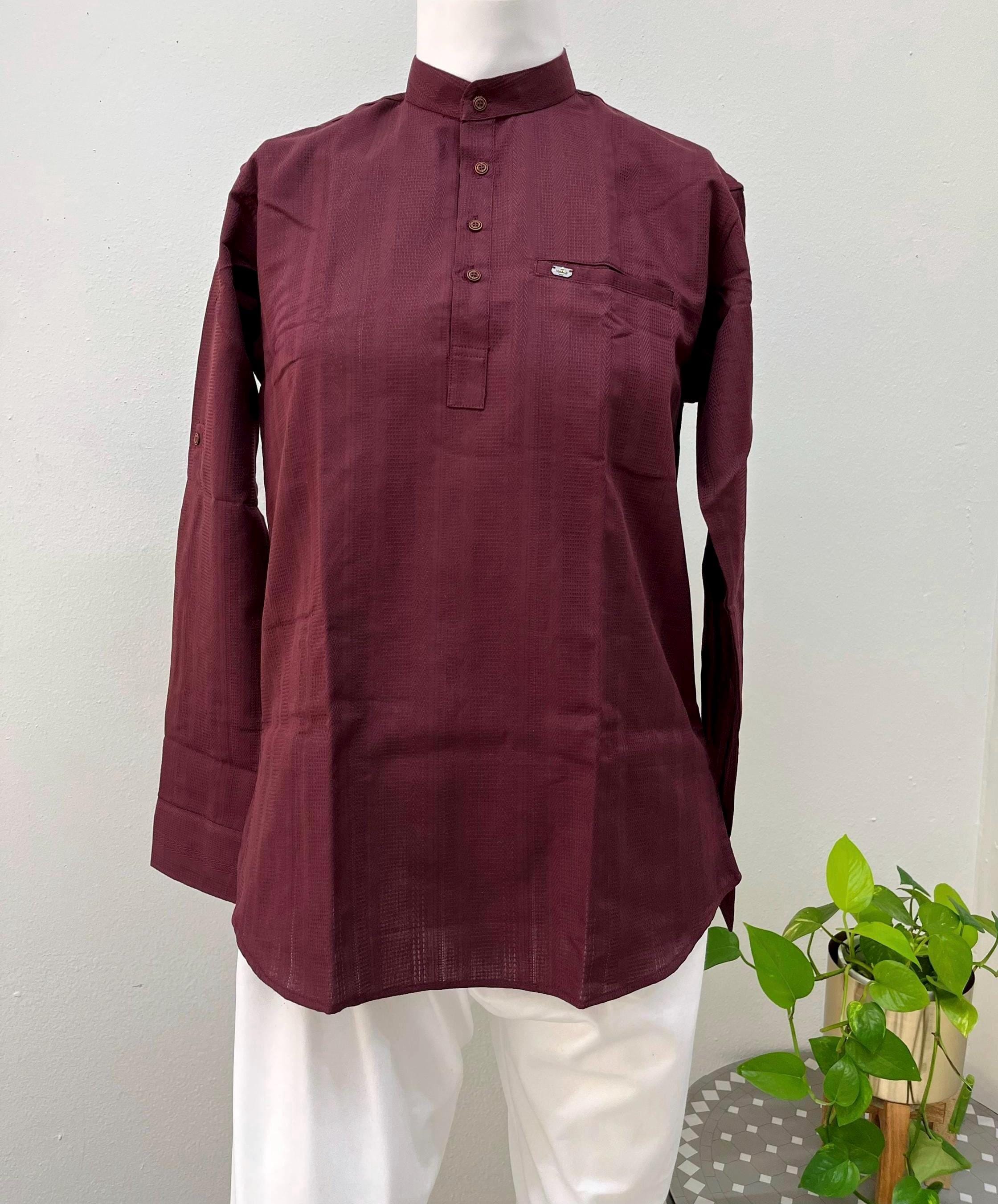 Mens Light Maroon Patterned Denim-look Kurta Shirt|cotton Jeans