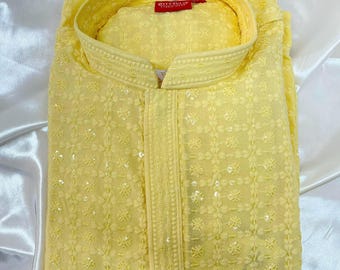 Set pigiama Kurta Chikankari Lucknowi giallo chiaro: abbigliamento da sposa indiano