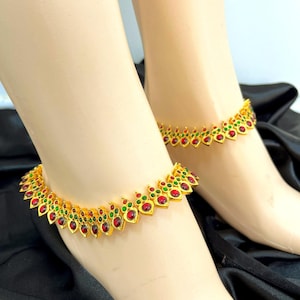 Traditional Kemp Stone Dance Anklets | Bharatnatyam & Kathak Jewelry |Red and Green stones/Bharatanatyam jewelry/Dance jewelry/Indian jewlry