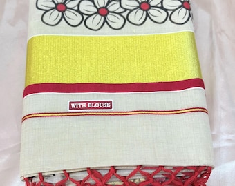 Kasavu Saree Floral Print Saree with Blouse Piece – 5 Lightweight Summer Saree – Casual Daily Wear Indian Sari–Party Festive Saree for Women