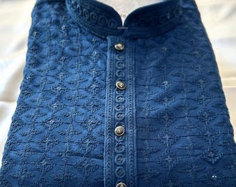 Peacock Blue Chikankari Kurta Pajama Set: Indian Wedding Wear