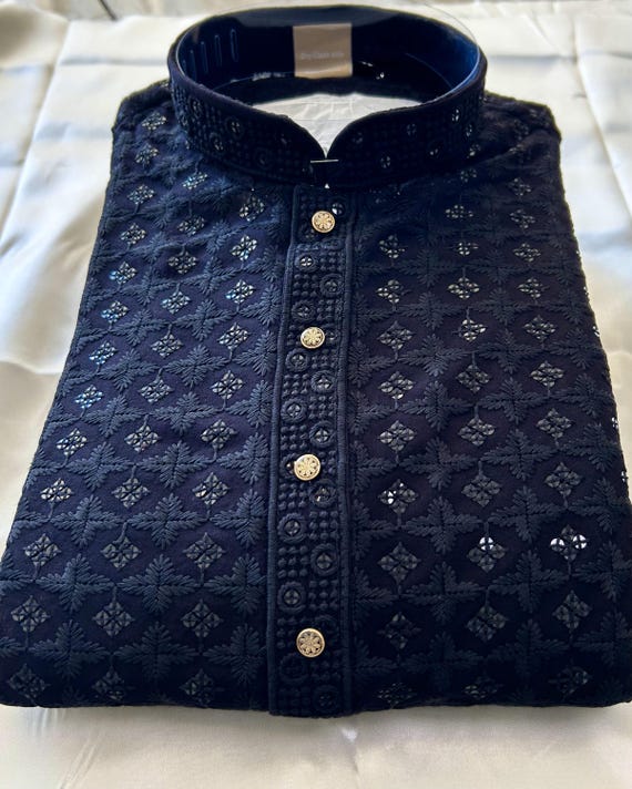 Black Lucknowi Chikankari Men's Kurta Pajama Set: Indian Wedding Wear