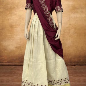 Cream & Maroon Blouse Skirt Set |Traditional Handloom Look|Cream and Gold Ethnic Wear |Women&#39;s skirt Set| Onam Set | Dhavani Set |Half Saree