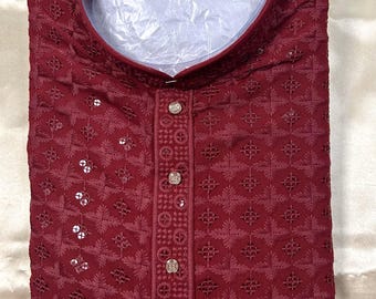 Maroon Lucknowi Chikankari Kurta Pajama Set: Indian Wedding Wear