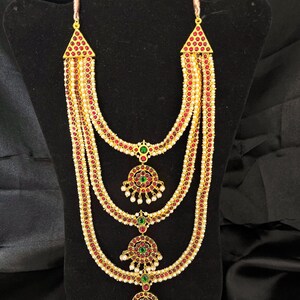 Traditional Long Necklace| Jewelry for Classical Dance| Bharatanatyam Jewelry Red Green kemp stones with Pendant