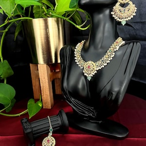 Elegant Traditional multicolor pearl gemstone and reverse ad necklace Set | Perfect for Weddings & Festive Wear