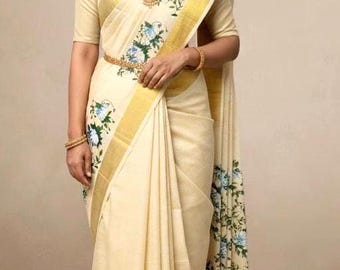 4 Kasavu Saree: Lotus Flower Print Saree – Elegant Indian Saree – Lightweight Casual Festive Wear – Floral Ethnic Sari