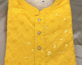 Haldi Yellow Lucknowi Chikankari Kurta Pajama Set: Indian Wedding Wear