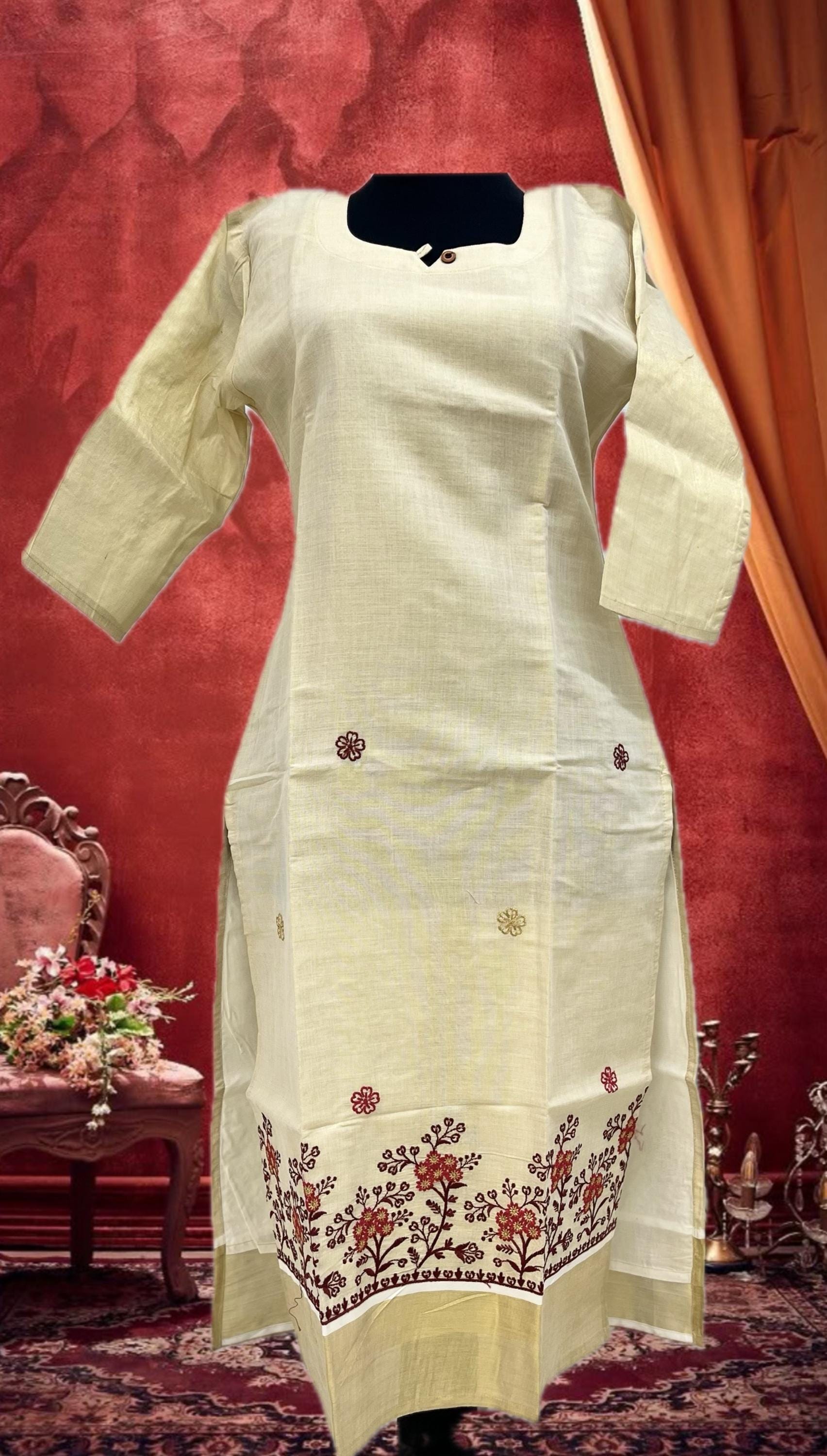 Kerala Cotton Kurti: Handloom Style Cream & Gold Ethnic Wear