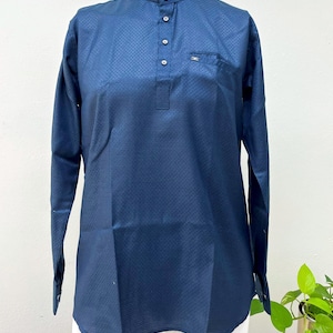 Herren Blau gemustert Subtiler Glanz Denim-Look Kurta Shirt|Baumwolle Jeans Style Top Herren Jeans Kurta Top | Herren Kurta Shirt | Jungen Kurta Shirt |