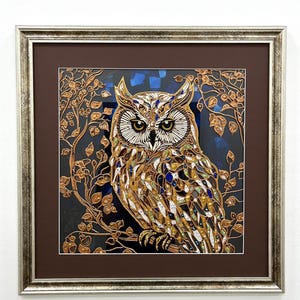 Owl Wall Art on Glass – Textured Gold Glass Painting – Handmade Luxury Owl Decor – Unique Gift for Nature Lovers