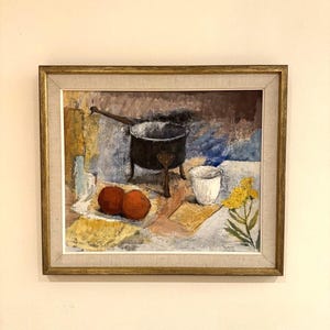 Vintage Original Mid-Century Modern Swedish Painting - &quot;Still Life with Saucepan&quot; - Framed Artwork - Oil on Canvas Painting by Bror Jönsson