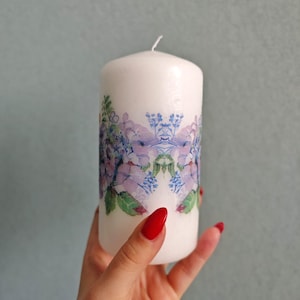Floral Pillar Candle Unscented Wedding Centerpiece Home Accent Tall Unscented Pillar Candle with Blue Lilac and Orange Flower Art Romantic