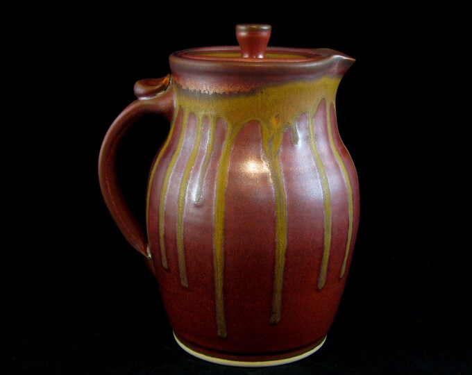 Pottery Pitcher With Lid Lidded Ceramic Pitcher Stoneware Red and Gold